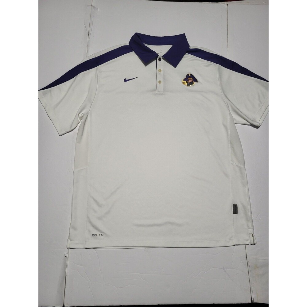 (#18) Nike Dri Fit ECU Pirates Polo Short Sleeve White Purple Size Men's XL